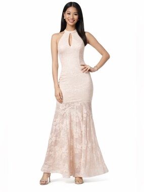 Xscape Lace Sequin Pink Racerback Halter Mermaid Gown Formal Prom Maxi Dress
